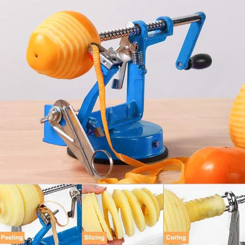 Vista 2 de Cortador de manzanas 3 en 1, pelador de papas, acero inoxidable resistente con base de ventosa (azul)