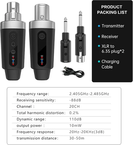 Vista 8 de EBJ Transmisor Receptor de Micrófono Inalámbrico 2.4Ghz, Sistema Inalámbrico de Micrófono XLR, Adaptador de Micrófono Inalámbrico Recargable