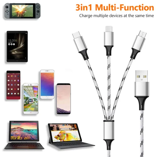 Vista 8 de Cable de carga múltiple, paquete de 3 cables de carga múltiple de nailon trenzado múltiple USB universal 3 en 1 adaptador de cable de carga