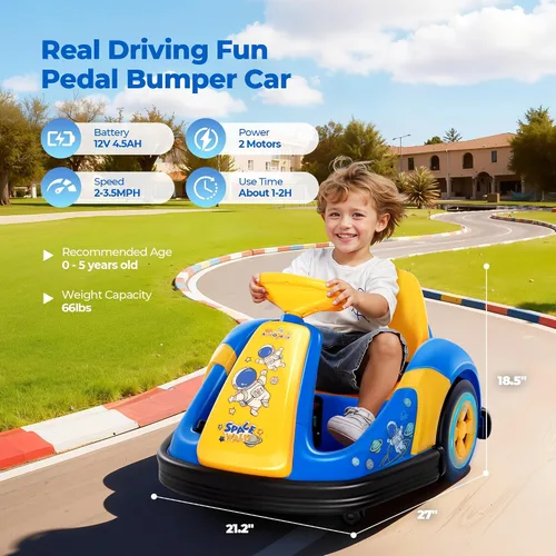 Vista 5 de coche chocón de 12V para niños pequeños con rueda grande, coche de paseo giratorio de 360° con control remoto, cinturón de seguridad, música, luces