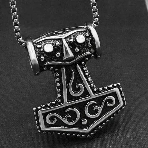 Vista 3 de Collar con colgante de martillo de Thors de acero inoxidable, vintage, vikingo, nórdico, con cadena