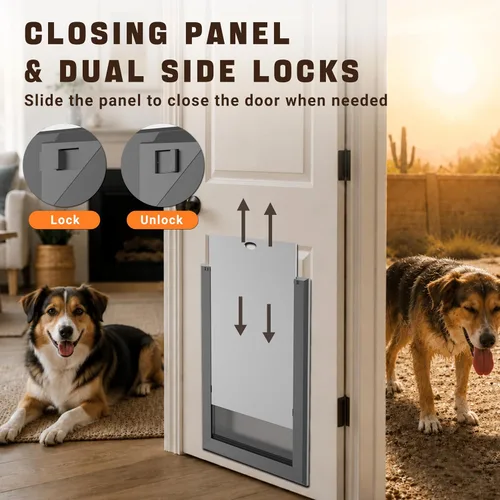 Vista 4 de Puerta de perro de aleación de aluminio, aislamiento térmico de 2 solapas, puerta para perros grandes, panel de cierre con cerraduras de seguridad