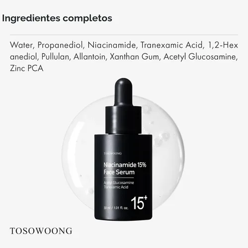 Vista 6 de TOSOWOONG Suero facial de niacinamida al 15%, niacinamida de 150,100 ppm, ácido tranexámico, corrector de manchas oscuras, piel de vidrio, tez