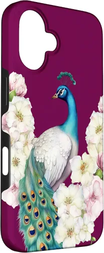 Vista 3 de iPhone 16 Peacock Bird with Long Feathers Watercolor Flowers Case