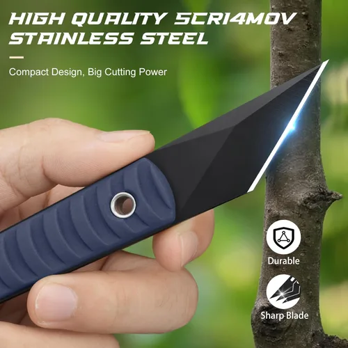 Vista 3 de Cuchillo de cuello compacto de 14.7 cm, pequeño cuchillo de hoja fija EDC Kiridashi con empuñadura de ABS azul, acero 5Cr14MoV, ideal para camping