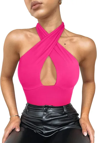 Vista 3 de REORIA Butsmooth - Camiseta ajustada sexy de moda para mujer, con cuello halter cruzado, sin mangas, para discoteca