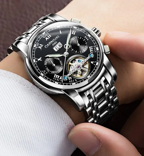 Vista 2 de CARNIVAL Mens tourbillon Automatic Mechanical Watch Silver Stainless Steel Multifunction Blue Watches