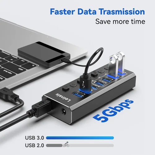 Vista 4 de Hub USB 3.0 alimentado, Leinsis 7 puertos USB 3.0 Hub [aluminio duradero] 7 puertos de transferencia de datos + 4 puertos de carga inteligentes