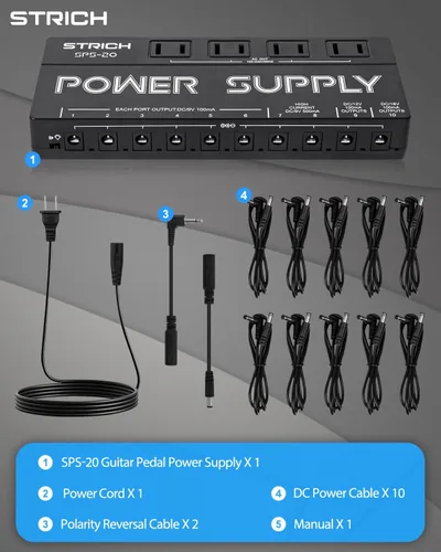 Vista 7 de STRICH SPS-20 Fuente de alimentación para guitarra con 10 salidas DC independientes para pedal de efecto de 9 V/12 V/18 V