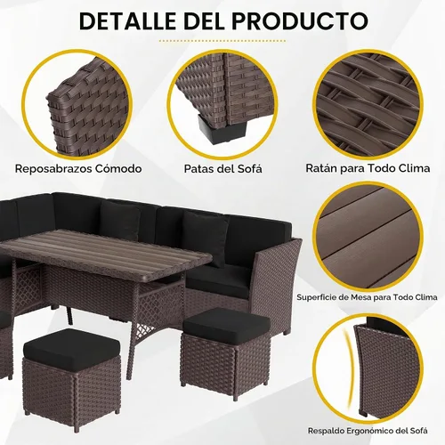 Vista 4 de Juego de muebles de patio, 7 piezas, juego de comedor al aire libre, juego de conversación de ratán para todo tipo de clima, sofá modular de comedor