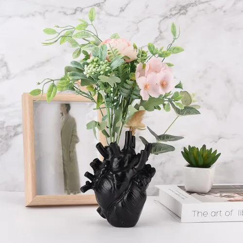 Vista 2 de MANMAOHE - Florero anatómico negro con forma de corazón para flores, esculturas de corazón, decoración del hogar, 4.3 x 6 pulgadas
