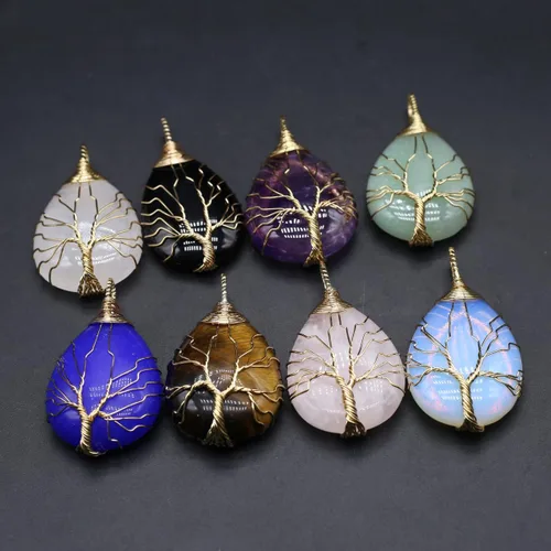 Vista 6 de 4 colgantes de piedra natural con forma de gota de agua al azar, cristal curativo, ágata de árbol de la vida, dijes para hacer joyas, collares