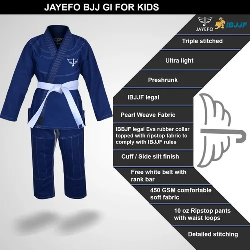 Vista 2 de Jayefo JIU Jitsu GI para niños y niñas, IBJJF Legal BJJ ligero, suave, preencogido, para niños y jóvenes, sin MMA, cinturón blanco