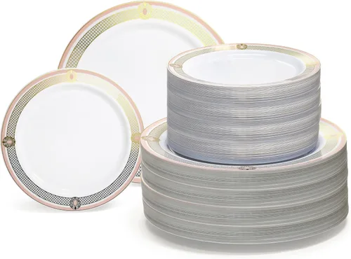 Vista 15 de OCASIONES" Paquete de 50 platos (25 invitados) - Juego de platos de plástico desechables pesados para fiestas de boda - 25 x 10.5'' cena + 25 x