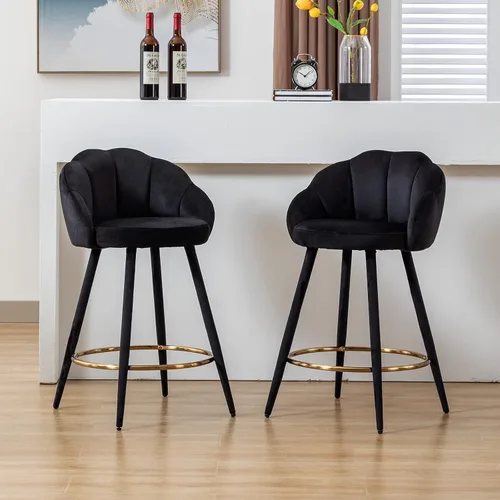 Vista 4 de LZAREAL Juego de 2 taburetes de bar tapizados de terciopelo modernos con respaldo de pétalos y reposapiés dorado para isla de cocina, desayunador