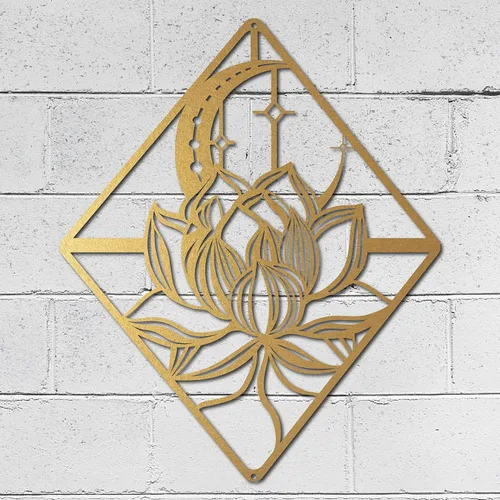 Vista 7 de CREATCABIN Arte de pared de loto de metal con diseño de luna y flores, adornos negros, letreros para decoración de pared, escultura colgante