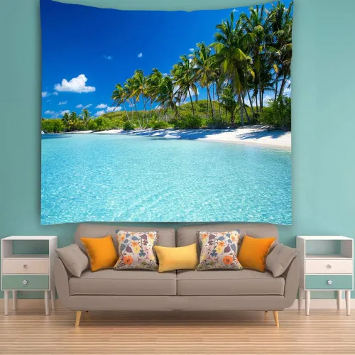 Vista 6 de YISURE Tapiz de playa oceánica para colgar en la pared, 80 x 60 pulgadas, diseño de palmera paraíso tropical, cocotero, decoración de pared hippie