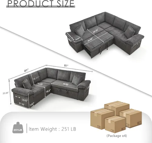 Vista 2 de Sofá modular de 81 pulgadas, sofá cama de 5 plazas en forma de L con cama extraíble, almacenamiento oculto y puertos de carga USB, sofás seccionales