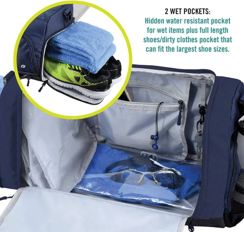 Vista 5 de Ultimate Gym Bag 2.0 la duradera bolsa de lona diseñada por crowdsource con 10 compartimentos óptimos, incluyendo bolsa resistente al agua