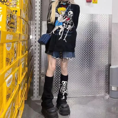 Vista 2 de Gótico Acubi Calentadores De Pierna Grunge Lolita Invierno Cuff Harajuku Y2K Rodilla Alta Calcetines De Punto Japonés Preppy Leggings Polainas