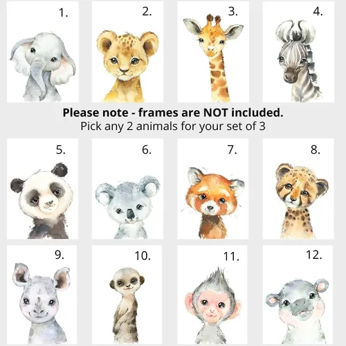 Vista 2 de Juego de 3 carteles personalizados de animales de safari para habitación de niños y niñas, sin marco, nombre personalizado, azul, verde, amarillo