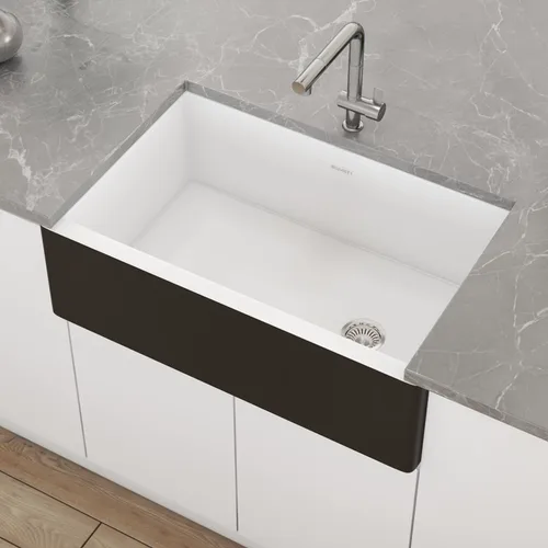 Vista 2 de Ruvati RVL4018RBW - Fregadero de cocina de drenaje compensado de arcilla refractaria de 30 pulgadas en blanco y negro