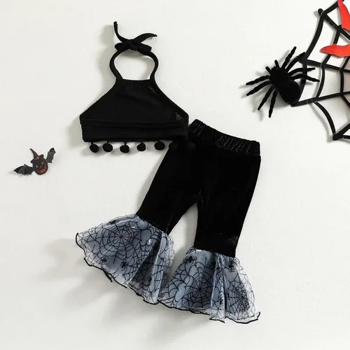 Vista 2 de Conjunto de 2 piezas para bebé niña pequeña, camiseta de manga corta con letras, pantalones acampanados, pantalones acampanados, ropa de festival