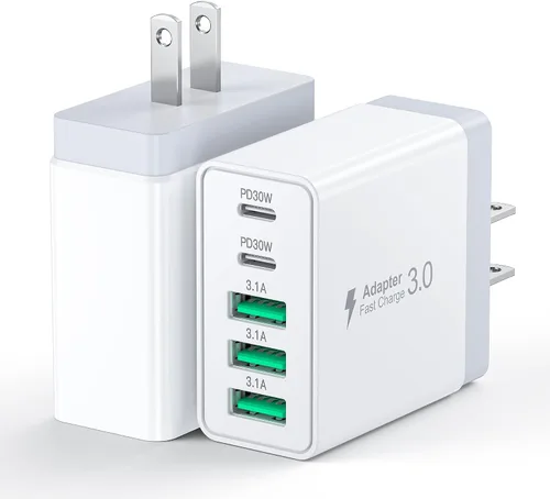 Vista 14 de [Paquete de 2] Cargador de pared USB C, bloque de cargador tipo C de 60 W, bloques de carga rápida de 5 puertos, enchufe multipuerto 3USB C+2USB A