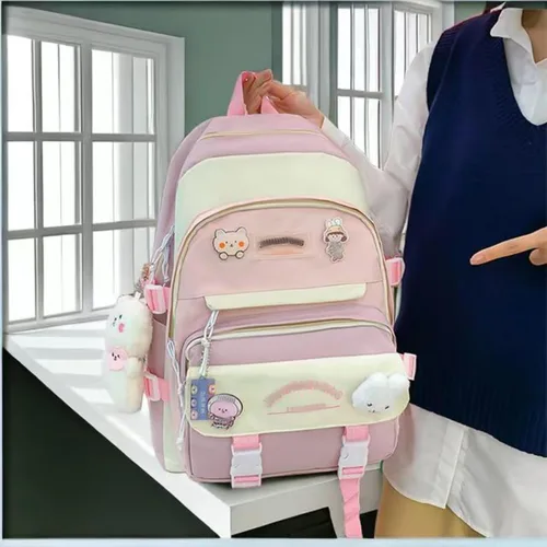 Vista 3 de MAVERY 5 piezas lindo Kawaii mochila conjunto de regreso a la escuela papelería bolsa mochila Tote adolescente bolsa portátil, Rosado (Pink 3)