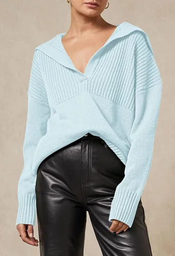 Vista 2 de Viottiset Suéter de manga larga con cuello en V para mujer, de gran tamaño, con cuello en V