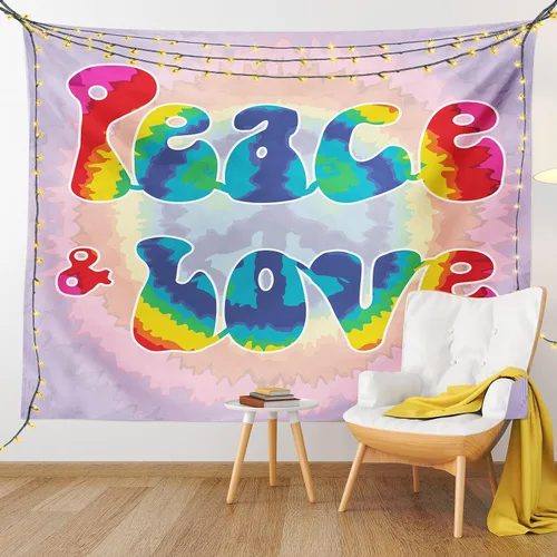 Vista 9 de Ambesonne Tapiz Groovy, texto de paz y amor en patrón de efecto teñido anudado, enérgico, juvenil, divertido hippie de los años 60 y 70, decoración
