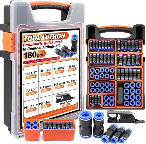 Vista 13 de Kit de accesorios de manguera de aire de empuje para conectar 70 piezas, 1/4 1/8 3/8 1/2 pulgadas de diámetro exterior neumático surtido con roscas