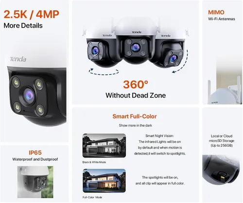 Vista 2 de Tenda Cámara de seguridad Wi-Fi 2K QHD para exteriores, enchufe de 4MP, cobertura completa de 360°, visión nocturna a color, detección de movimiento