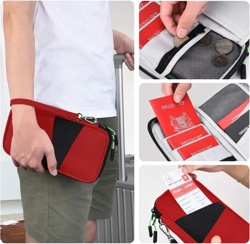 Vista 5 de Cartera de viaje RFID para pasaporte familiar, organizador de documentos impermeable con cremallera y correa de muñeca extraíble, Rojo, Elegante