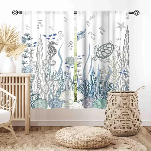 Vista 29 de Cortinas costeras, temática de playa de verano, acuarela, medusas náuticas, estrellas de mar, concha, caballito de mar, azul, opacas, cortinas