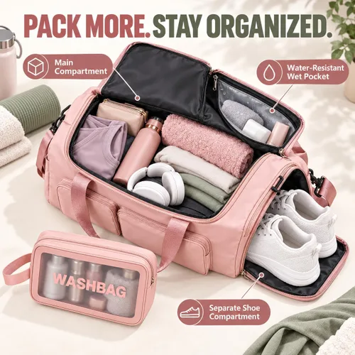 Vista 8 de Bolsa de Gimnasio Pequeña para Mujer, Bolsa de Lona de Viaje, Bolsa de Fin de Semana con Compartimento para Zapatos rosado