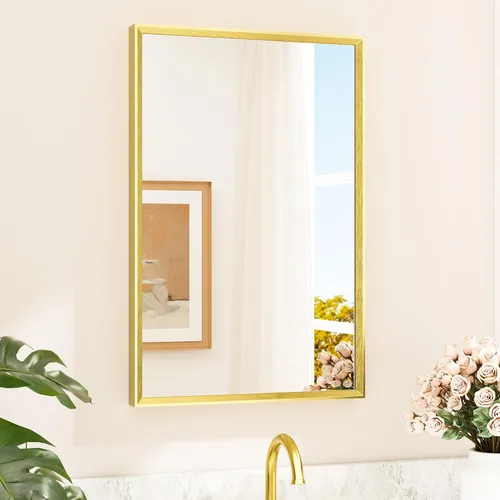Vista 38 de TETOTE Espejo de baño dorado cepillado de 20" x 30", espejo de tocador de baño rectangular de latón dorado cepillado con marco biselado para sobre