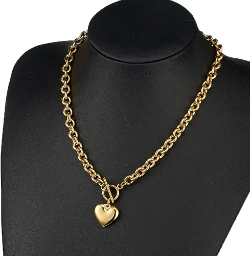 Vista 3 de Juego de collar de pulsera de plata con dije chapado en oro rosa de 18 quilates y cadena de acero inoxidable gruesa con forma de corazón