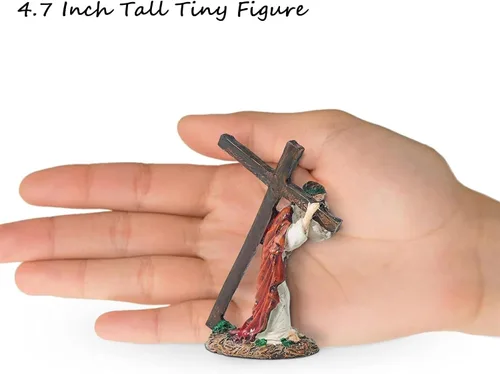 Vista 2 de DreamsEden Figura religiosa pequeña de 4.7 pulgadas con cruz de Jesús, figura religiosa de pequeño Jesús que lleva la cruz en el camino al calvario