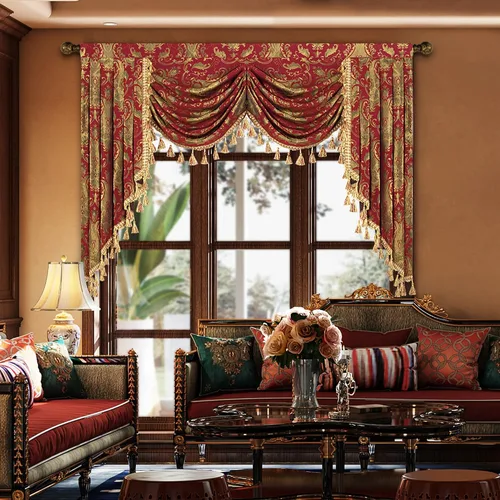 Vista 22 de Loom and Mill Cenefa de cascada de lujo de jacquard para sala de estar, elegantes cenefas de ventana con festones y cuentas damascadas, cortinas