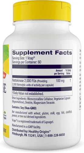 Vista 3 de Healthy Origins Nattokinase 2,000 FUs 100 mg, 60 cápsulas vegetales