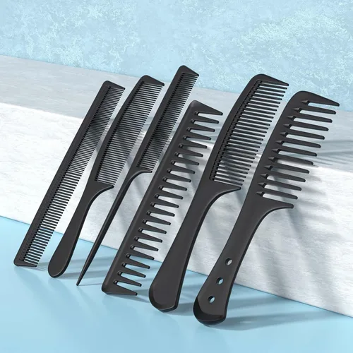 Vista 3 de Kolavia Juego de 6 peines para el cabello, color negro, duradero, ancho y fino, cola de rata, peine de peluquería para mujeres y hombres, peines