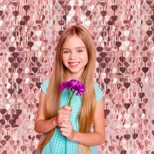 Vista 5 de Cortina de papel de aluminio de corazón de oro rosa, 2 piezas, oropel metálico con flecos, decoraciones de despedida de soltera, telón de fondo