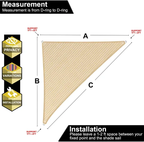Vista 3 de Toldo triangular de 5 x 5 x 5 pies con borde recto, color beige, toldo triangular para exteriores, cubierta de pérgola con bloqueo UV, personalizable