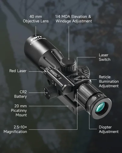Vista 5 de PINTY Tactical Rifle Scope Combo: Illuminated Optics, Red Dot Sight, Laser, RGB Rangefinder Riflescope for 20mm Picatinny Rail