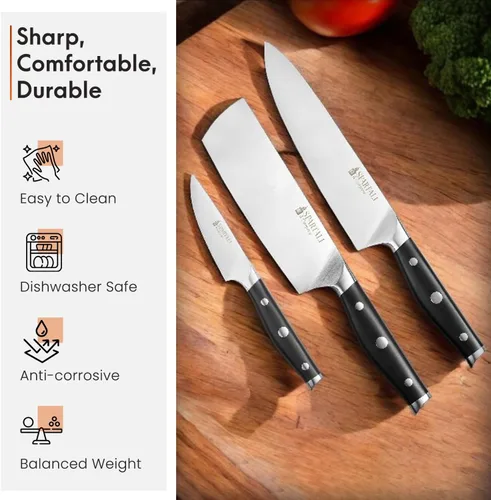 Vista 8 de Juego de cuchillos de cocina de 3 piezas, incluye cuchillo de chef de 8 pulgadas, Nakiri de 7 pulgadas, pelado de 3.5 pulgadas, cuchillas de acero