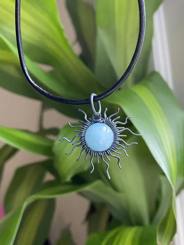 Vista 6 de Aquamarine Full Sun Wire Pendant- Black NiobiumSilverSteelCopperBronze14K Gold, or 14K Rose Gold- Pendant or Bracelet Charm - Blue Gemstone Jewelry