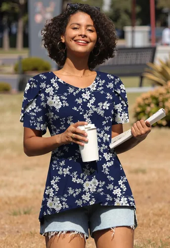 Vista 3 de CATHY 2025 - Blusas de verano para mujer, con mangas cortas, cuello en V, estilo túnica, tallas S-4XL