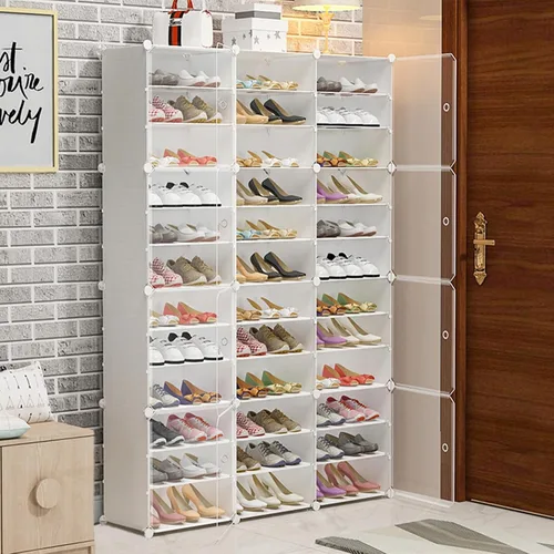Vista 2 de DYRABREST Zapatero portátil cerrado, 72 pares de armarios de zapatos, organizador de zapatos de plástico blanco con puerta transparente, zapatero