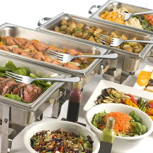 Vista 6 de E-far Tenedores de Servir Martilleados, Juego de 4 Piezas de Utensilios de Acero Inoxidable para Anfitriona, Ideales para Carne, Catering, Buffet